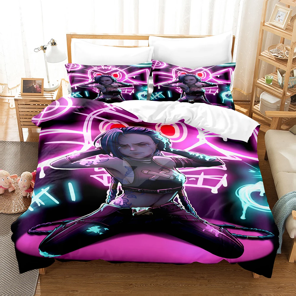 Cartoon Jinx Arcane: League of Legends Conjunto de cama King Twin Double Child Conjunto de capa de edredom de microfibra ou poliéster de 3 peças