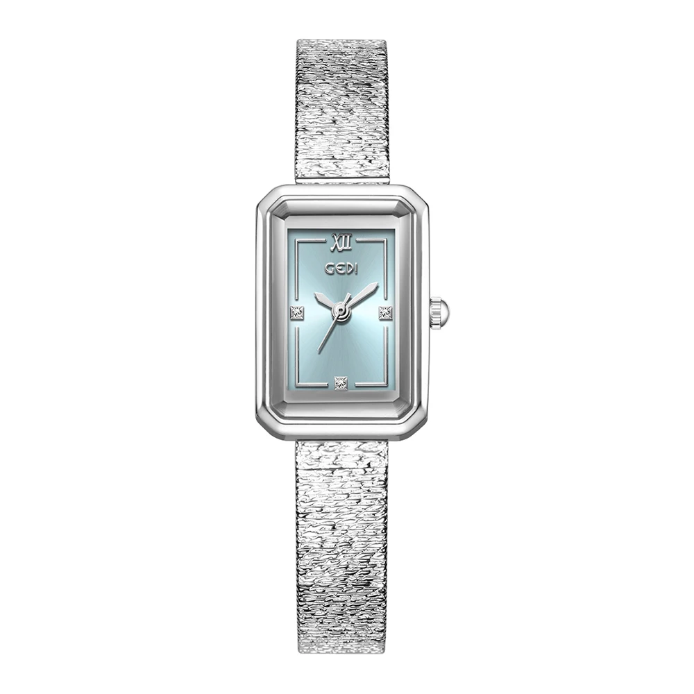 

GEDI элегантные роскошные женские квадратные часы с золотым маленьким циферблатом, кварцевые часы, серебряный сетчатый браслет, модные платья, женские часы