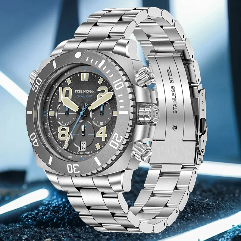 FeelNever Top-Marke Luxus Quarz Herrenuhr Casual Mode Automatisches Datum Edelstahlarmband 500M Wasserdicht Leuchtende Uhren für Männer