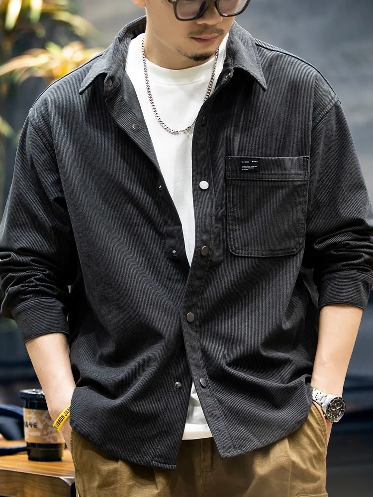 

Мужская вельветовая куртка в полоску с воротником в американском стиле, весна-осень, новинка вельветового цвета в стиле ретро, свободная посадка, длинная повседневная куртка