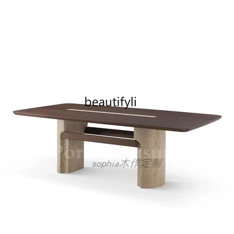V French light luxury solid wood dining table designer villa, medieval minimalist travertine rectangular table