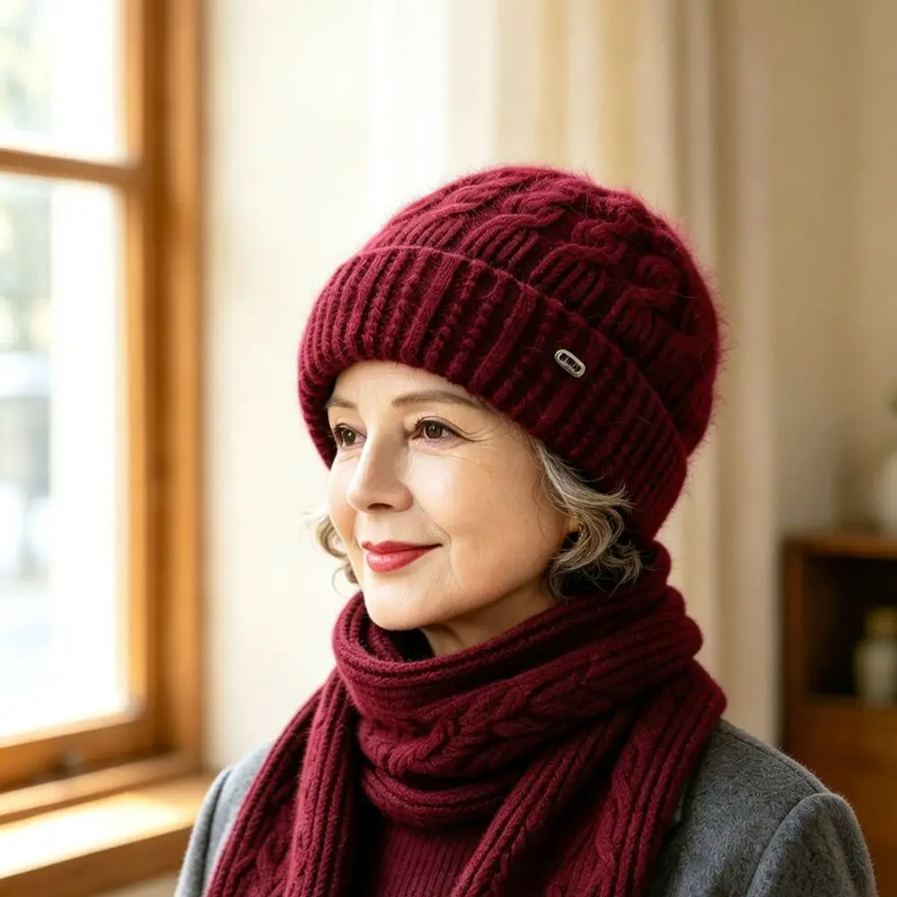 Winter Warm Knitted Beanie Hat And Scarf Set For Women Thickened Woolen Cap Thermal Neck Warmer Elegant Mother Gift Accessory