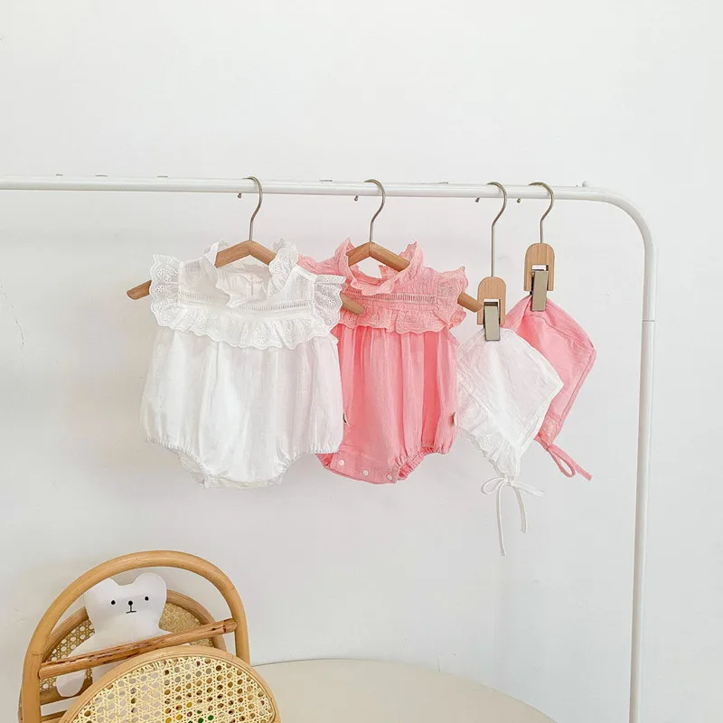 

Summer Newborn Bodysuit Baby Girl Solid Color Sleeveless Jumpsuit Lace Collar Romper + 1* Hat Korean Style Cute Infant Clothes