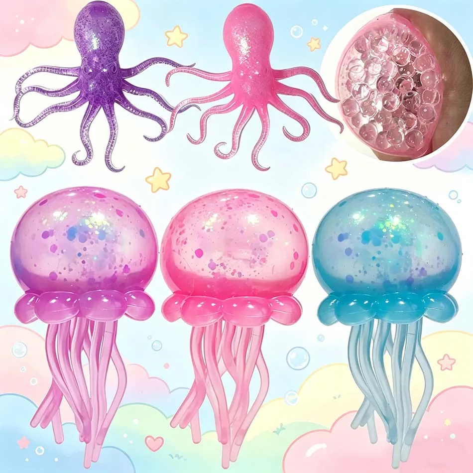 Hot Trending Jellyfish & Cube Squish Toy, Soft Jelly Squeeze Stress Relief Fidget Toy, Sensory NeeDoh for Kids & Adults