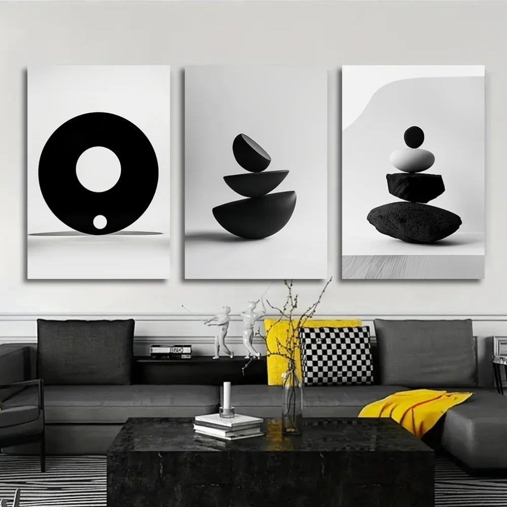 (No frame)2D Flat, 2D Flat, Framed Set, Featuring Three Pieces of Black And White Abstract Minimalist Designs. Ideal for Seas