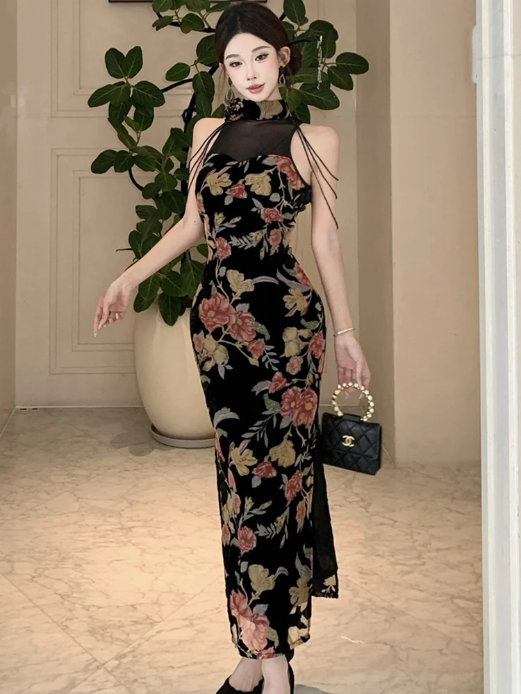 Abito da donna con scollo a rete patchwork in velluto floreale primavera autunno Abito da donna elegante di lusso Abito da sera aderente coreano 2025