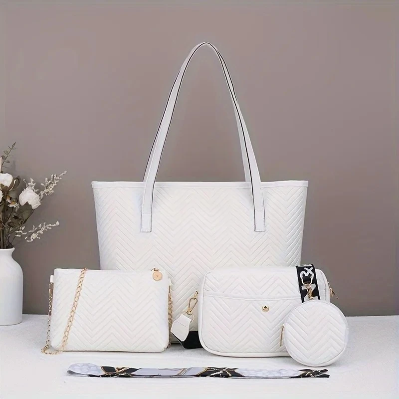 

4pcs/Set Women Wave Large Capacity Tote Bag Set Fashion Mutil-Function Single Shoulder Bags Handbag Wallet Suit Crossbody Bag