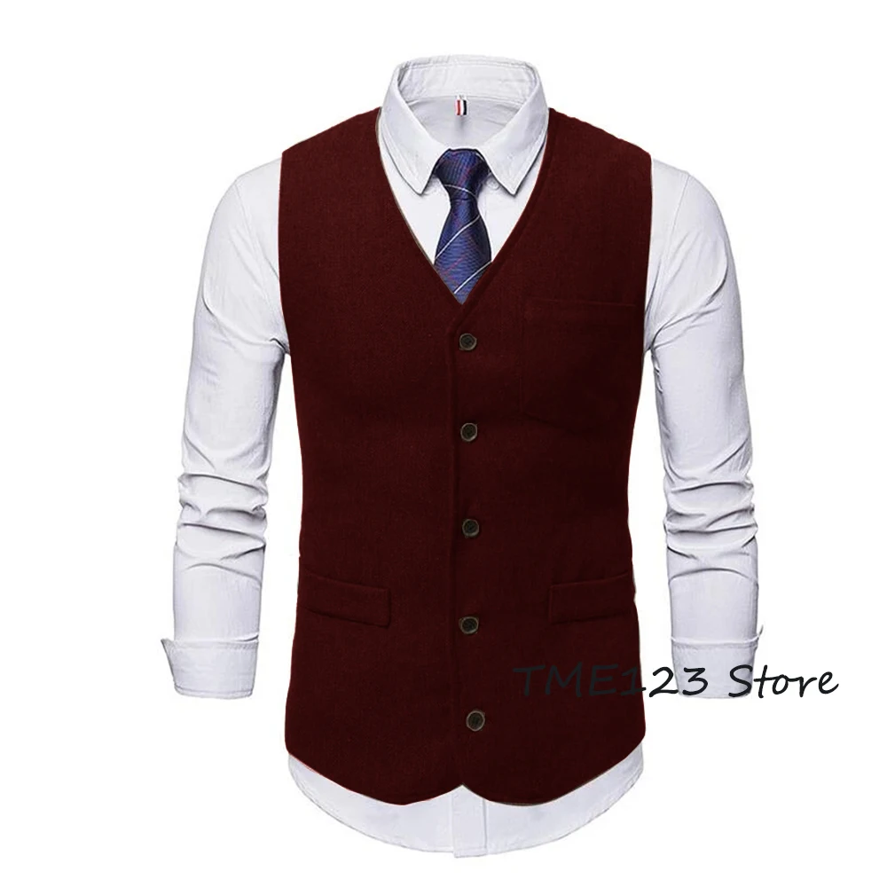 Men's Suit Vest V Neck Wool Business Casual Gentleman Groom Best Man Vests Party Coat Sleeveless Jacket chaleco hombre