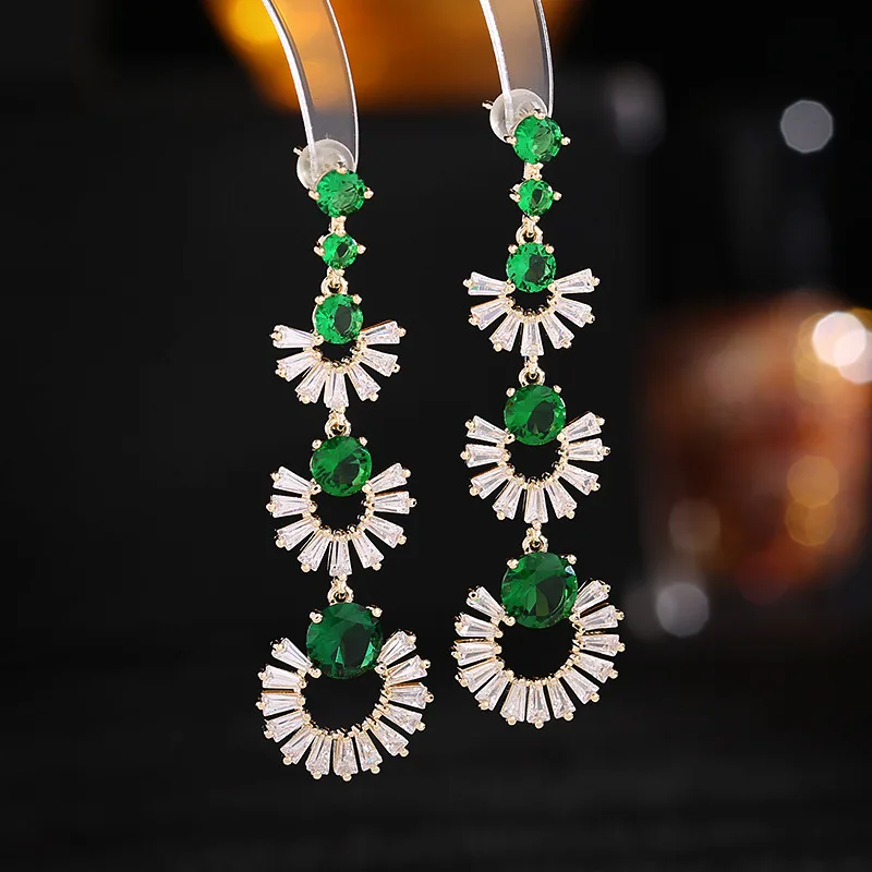 

Korean for Women, Light Luxury Colorful Zircon, Vintage 925 Silver Earrings, Round Face Slimming Long Geometric Fan-sha