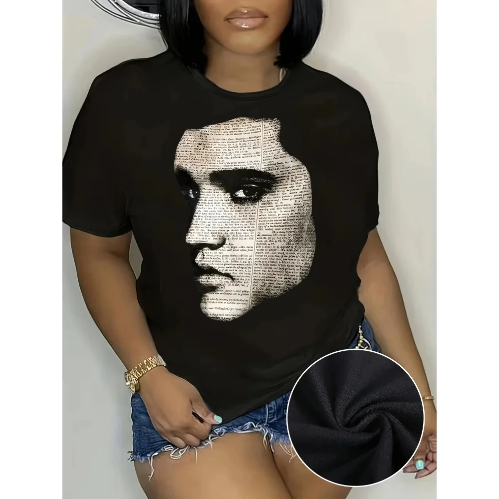 

Черная футболка больших размеров с круглым вырезом и типографическим портретным принтом: художественная и интеллектуальная