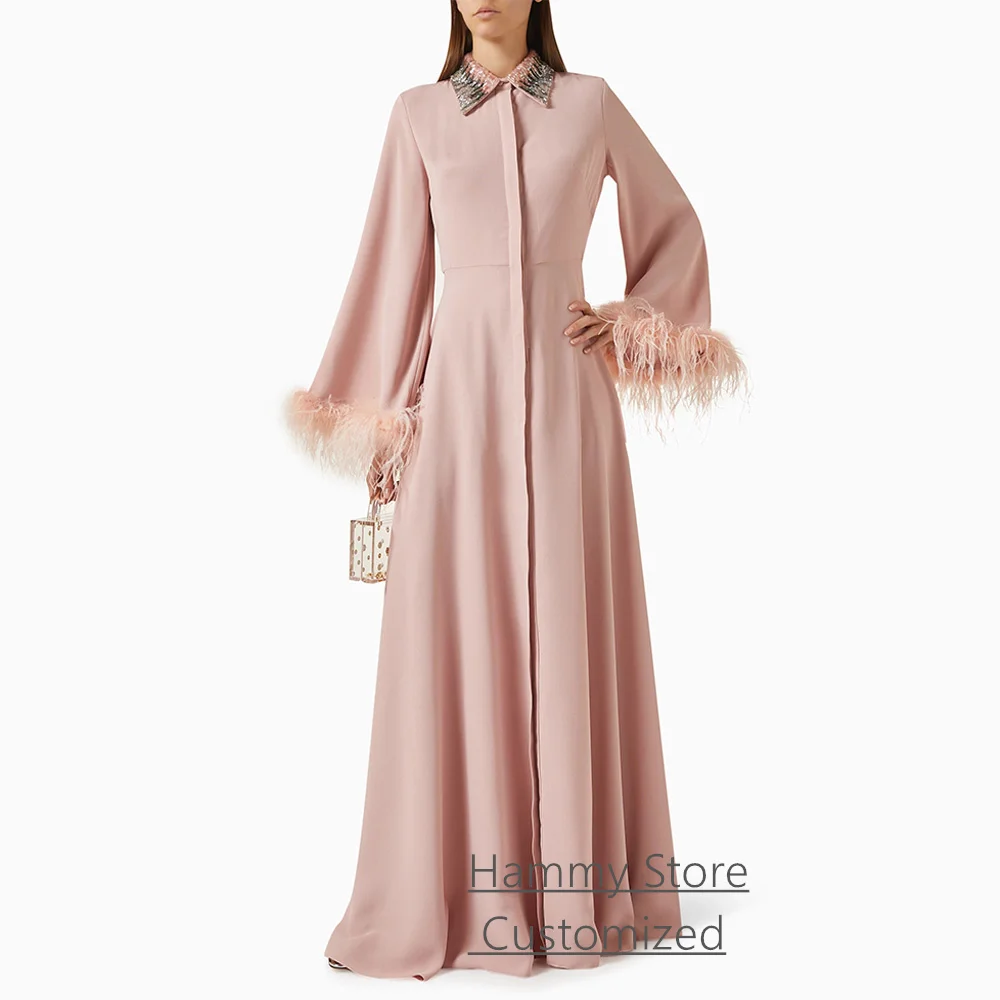 Nouvelle robe de soirée personnalisée plumes manches longues col haut perles colloaire une ligne Abaya robe de bal robes de soirée arabe