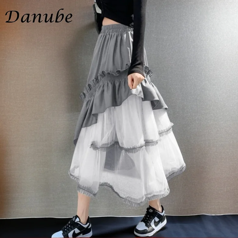 Women's Japanese Multi Layer Ruffle High Waist Pleated Skirt, Irregular Tulle Patchwork, Kawaii Midi,  High Waist, Lolita, Midi