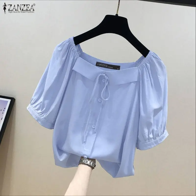 

2026 ZANZEA Summer Shirt Women Elegant Short Puff Sleeve Blouse Square Neck Buttons Up Tops Casual Solid Lace Up Holiday Blusas