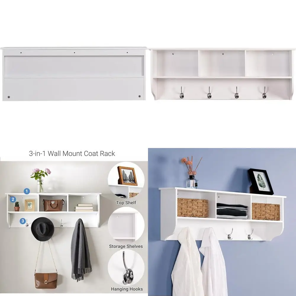 

Современная настенная вешалка для одежды с 3 полками и 4 крючками, подходит для прихожей, коридора, гостиной или спальни (белая)