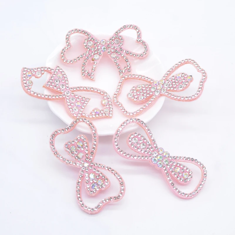 10Pcs Non-woven Padded Rhinestone Bow Tie Applique for Clothes Hat Shoes Sewing Patches Headwear Hair Clips Decor Accessories