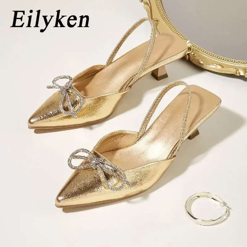 Eilyken Crystal Bowknot Thin Low Heels Women Pumps Fashion Gladiator Sandals Slingbacks Party Pointed Toe Prom Shoes