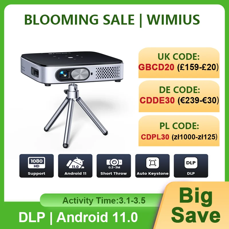WiMiUS Mini proyector Android 11,0 DLP proyector recargable de alcance ultracorto WiFi Bluetooth proyector FHD 1080P soporte