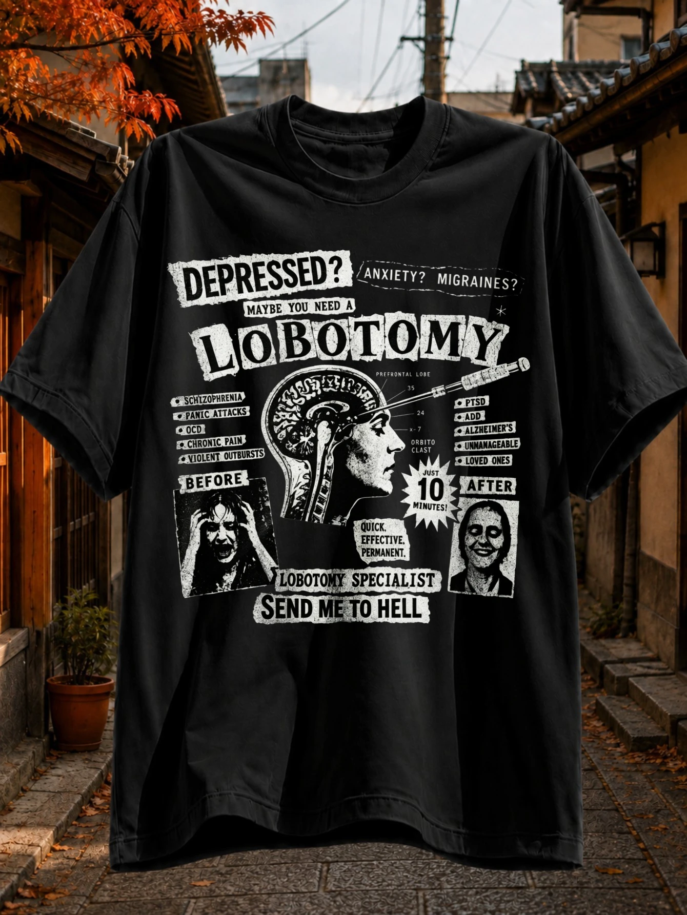 Dépression, Anxiété, Migraines, Peut-être avez-vous besoin d'une lobotomie, T-shirt noir graphique satirique médical vintage, style vieilli