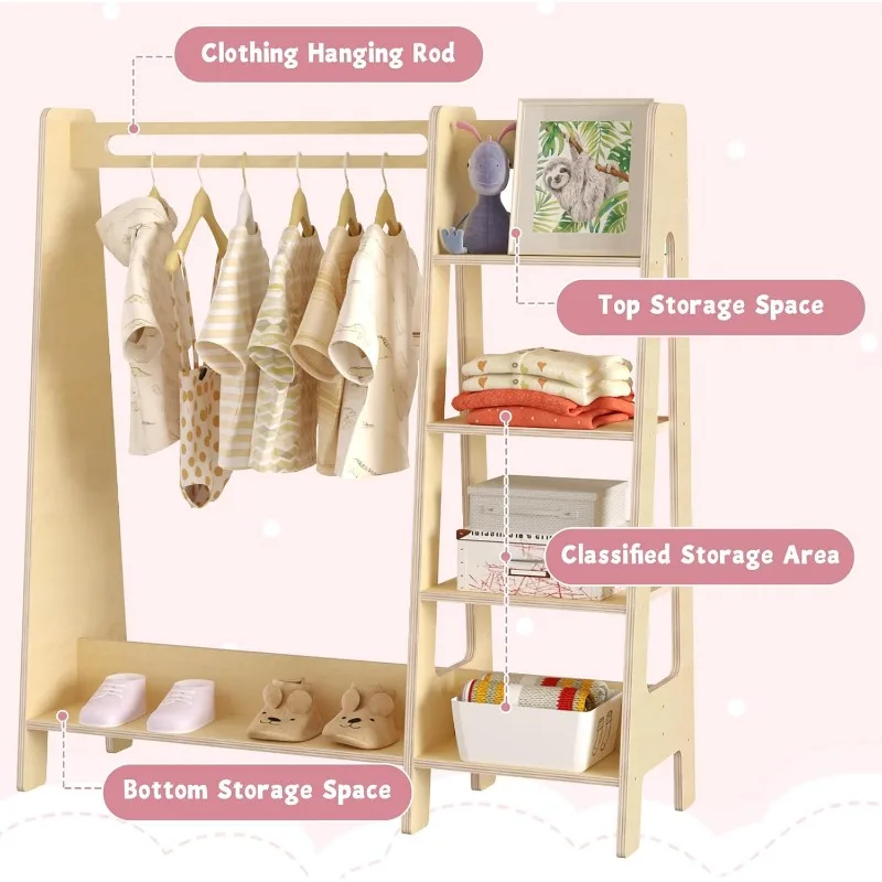 Kids Dress Up Storage with Mirror, Kids Closet with 5 Hanger and Stickers, Opening Hanging Costume Closet Wardrobe for Kids