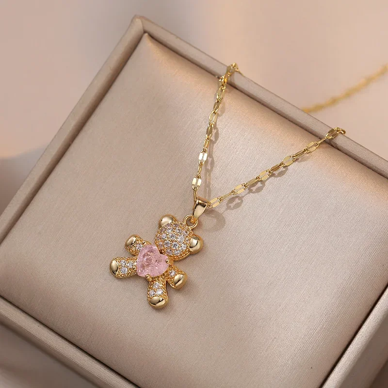 Cute Pink Blue Zircon Bear Pendant Necklaces for Women Girls Gold Color Stainless Steel Chain Lovely Accessories Jewelry Gifts