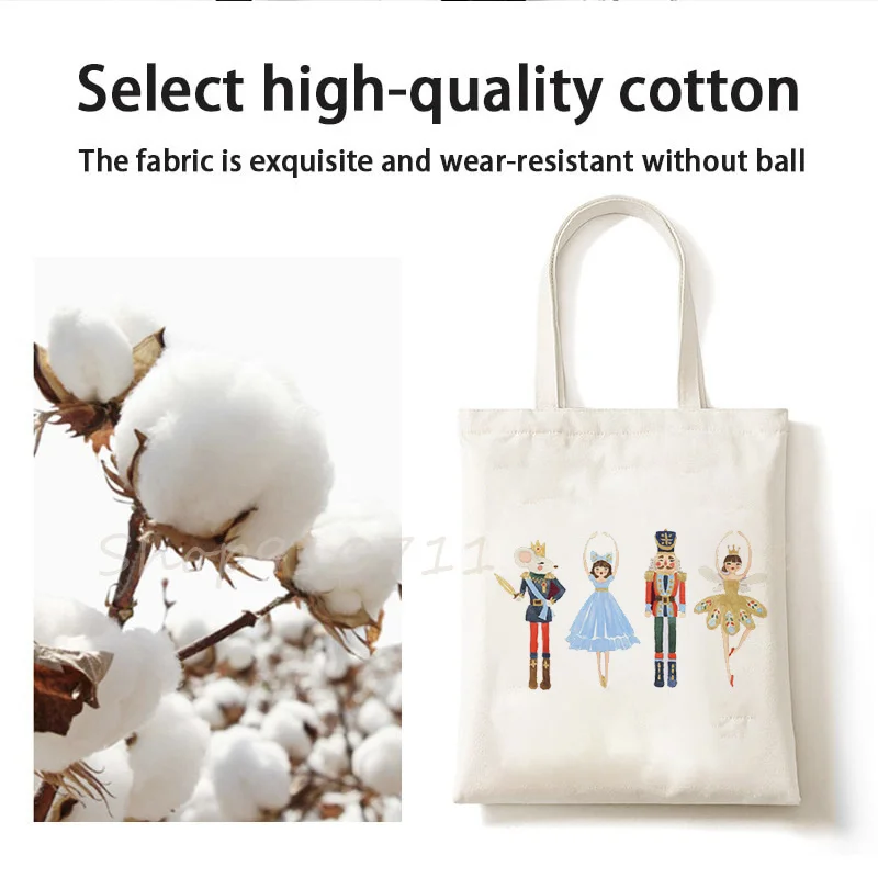 Women Canvas Shoulder Bag Christmas Nutcracker Ladies Handbag Tote Bags Reusable Large Capacity Shopping Sugar Plum Fairy Bag