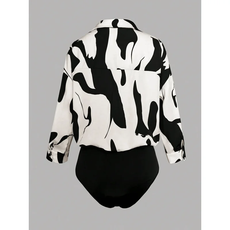 Long-Sleeved Jumpsuit, Made of Patchwork Fabric, Featuring a Loose Printed Shirt Combined with Solid Elastic Material view 2