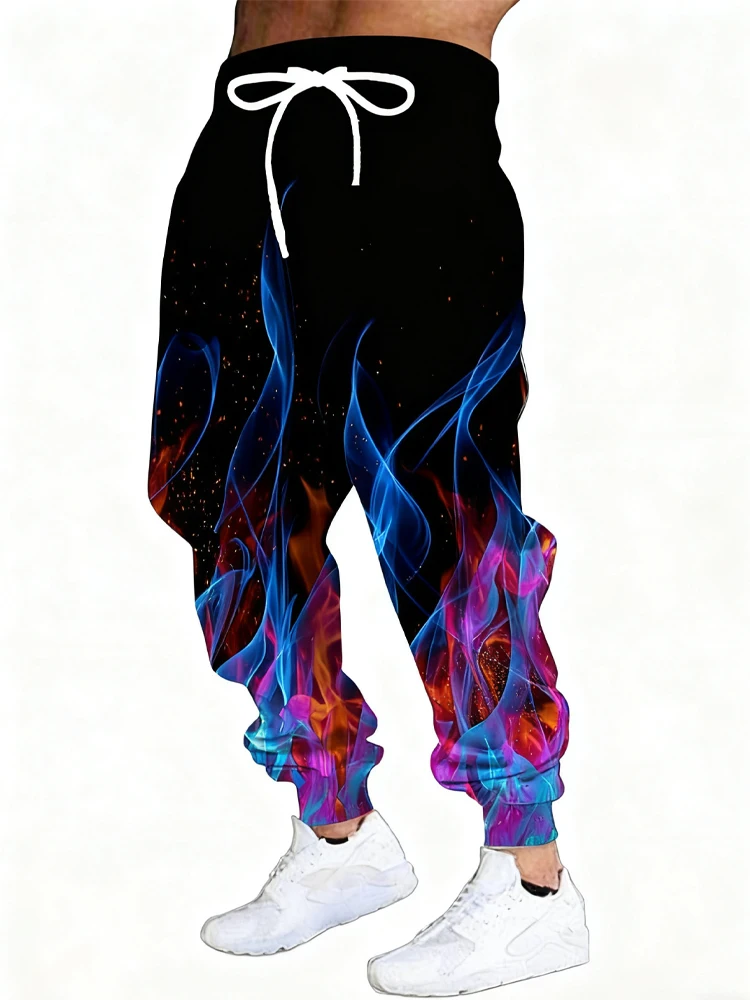 

New Men's 3D Flame Print Casual Pants Outdoor Breathable Athletic Pants Stylish Drawstring Streetwear Trousers Mens Cuffed Pants