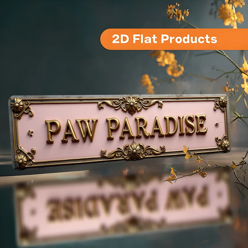 This Is a 2D Flat Vintage Aluminum Sign That Reads 'PAW PARADISE'. It Serves As an Elegant Wall Art Plaque with Dimensions