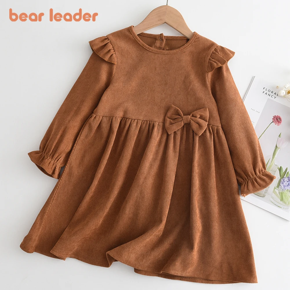 Bear Leader Girl Kids Spring Autumn Dresses 2023 New Fashion Baby Long SLeeve Casual Dress Children Solid Color Costumes