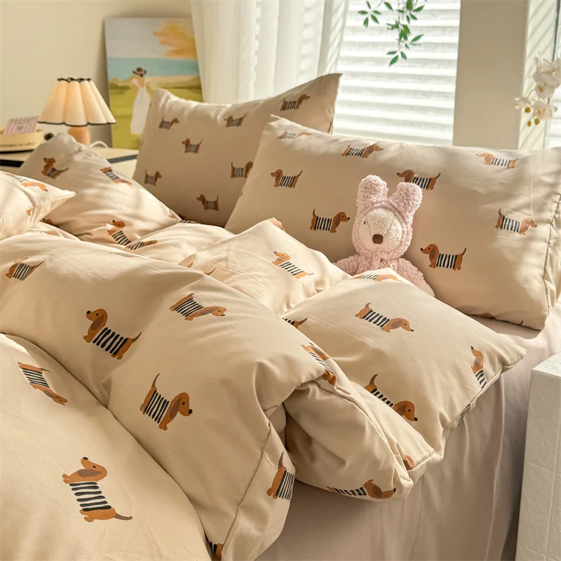 Cute Dog Printed Duvet Covet Set Brown Color Comforter Cover with Pillowcase for Kids Single/Queen/King housse de couette Full