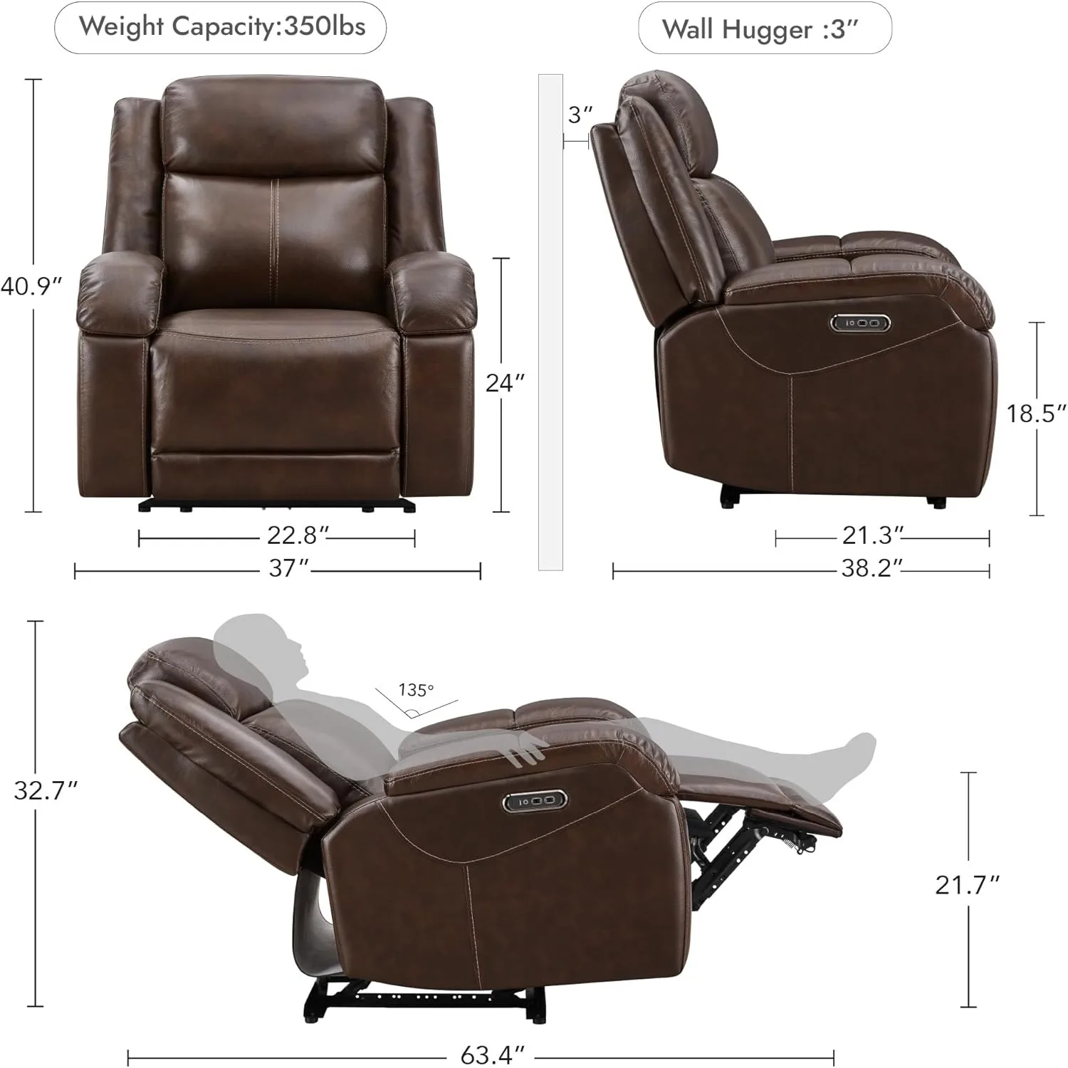 Genuine Leather Power Recliner Chairs for Adults, Wall Hugger RV Recliner with Power Headrest & Charging Ports, Dark Brown