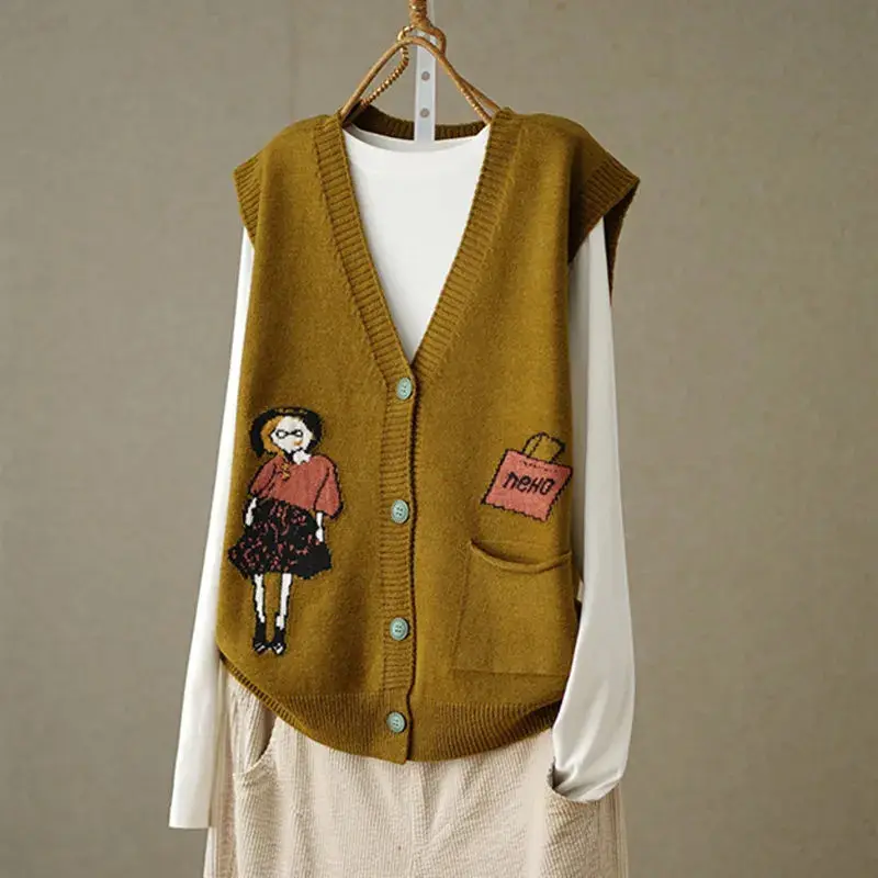 

Женский винтажный простой милый забавный вязаный свитер с вышивкой, жилет, женский свободный жилет без рукавов с v-образным вырезом, универсальный жилет, верхняя одежда