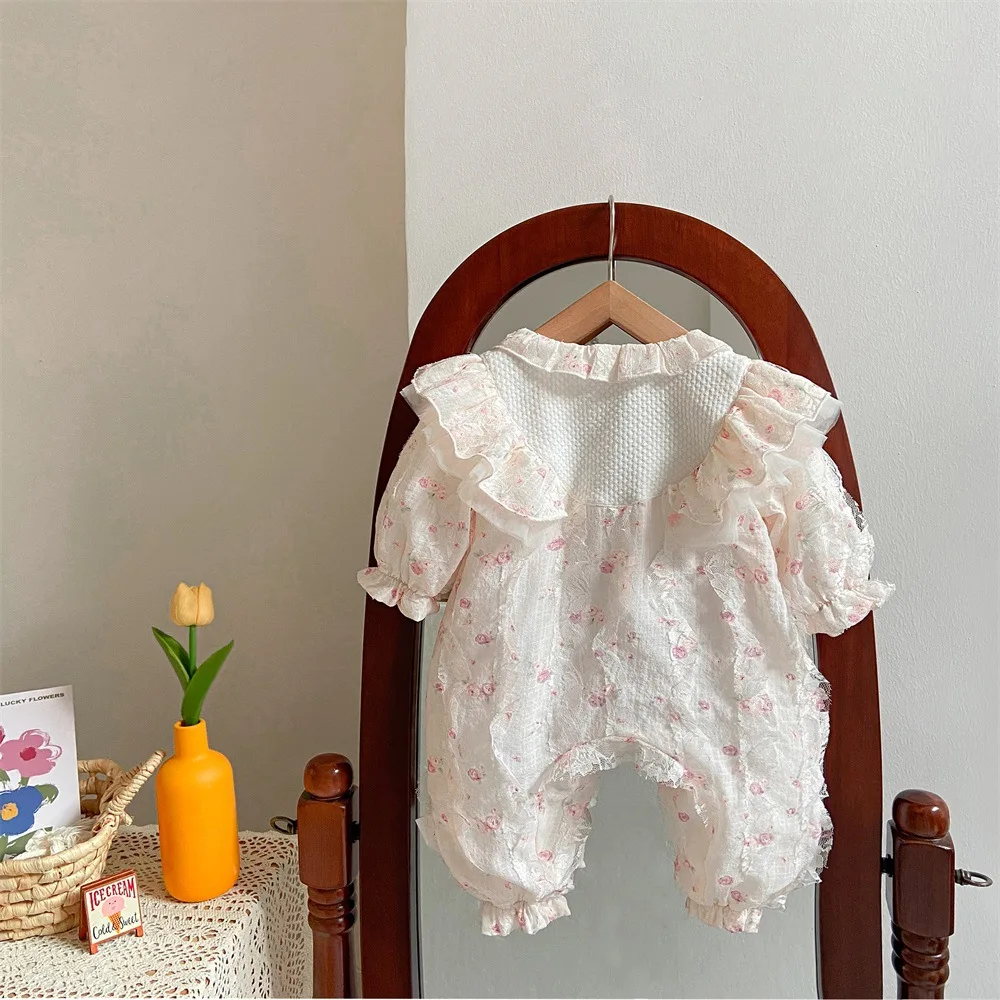 2024 Spring New in Infant Princess Style Cute Clothing Kids Ruched Floral Lace Jumpsuits Newborn Baby Outfits Romper 0-24M