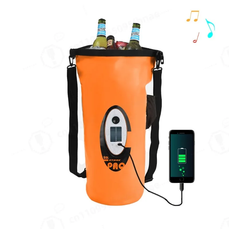 Solar LED Waterproof Dry Bucket Bag, Outdoor Waterproof Storage Pouch for Beach Swimming Drifting Cycling with Built‑in Speaker