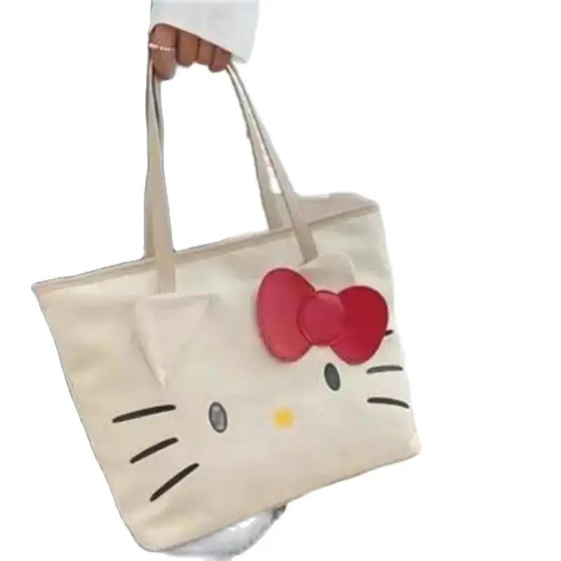 Hello Kitty Canvas Bag Woman  New Fashion Large Capacity Handbag Cartoon Shoulder Shopping Bag College Style Tote Bag