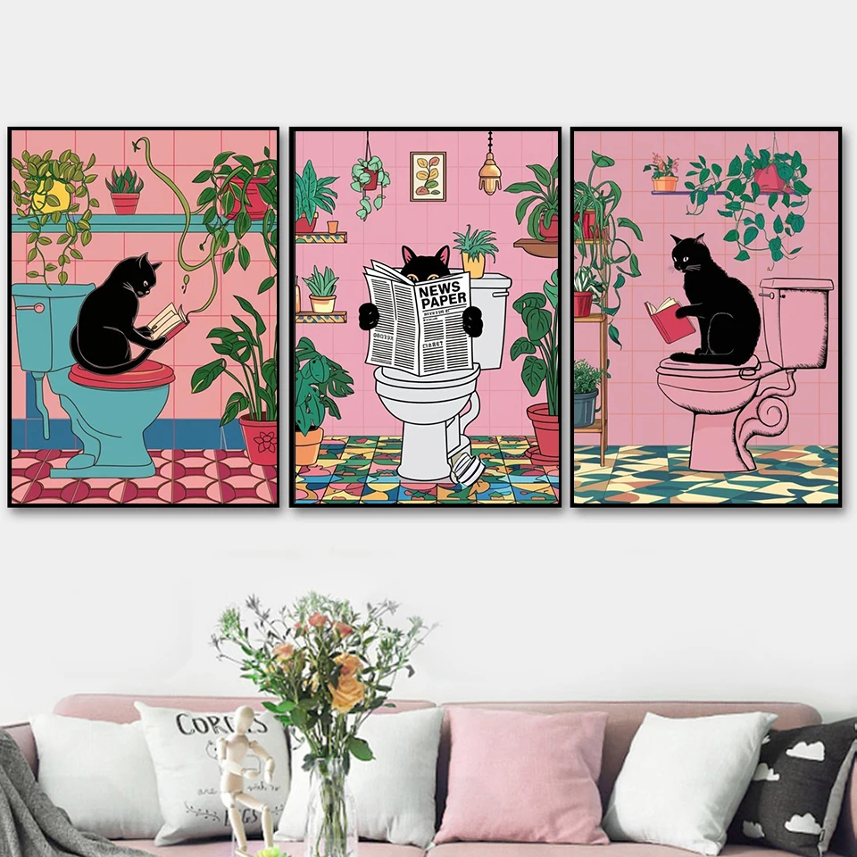 Funny Black Cat on the Toilet Art Print Pink Bathroom Posters Cat Reading a News Paper Tropical Plants Pictures Home Decoration