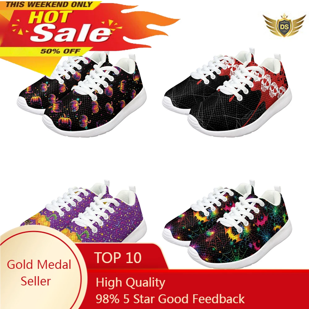 

Skull With Spider Web Bat Pumpkin Design Teen Girls Boys Running Shoes Round Toe Streetwear White Sole Halloween Gifts For Kids