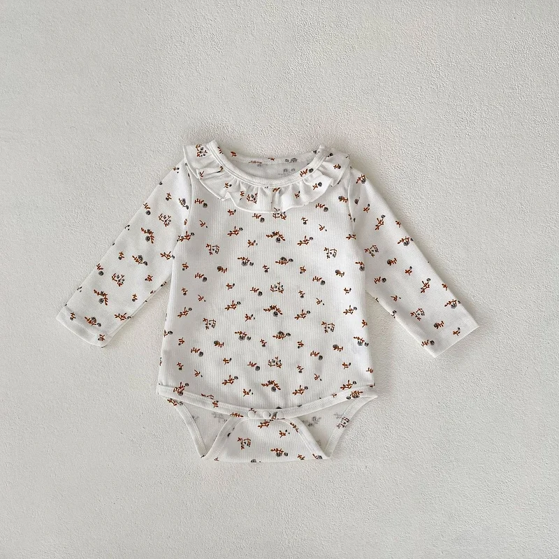 Pure Cotton Baby Romper 0-2Years Newborn Boy Girl Long Sleeve Ruffles Collar Solid White/Flower Bodysuit Playsuit Spring Clothes