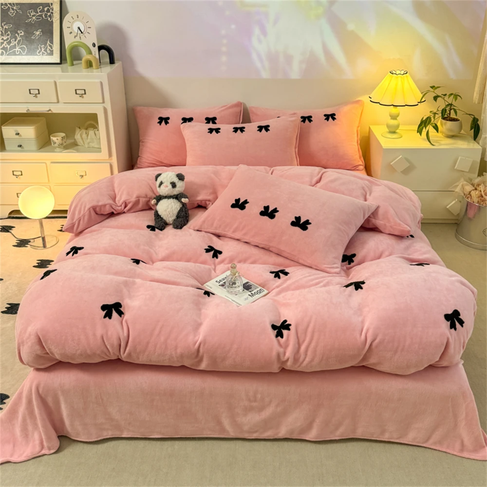 Princess Bowknot Bedding Set Pink Milk Velvet Four-Piece Set Duvet Cover Thickened Coral Velvet Quilt Cover Bed Sheet Pillowcase