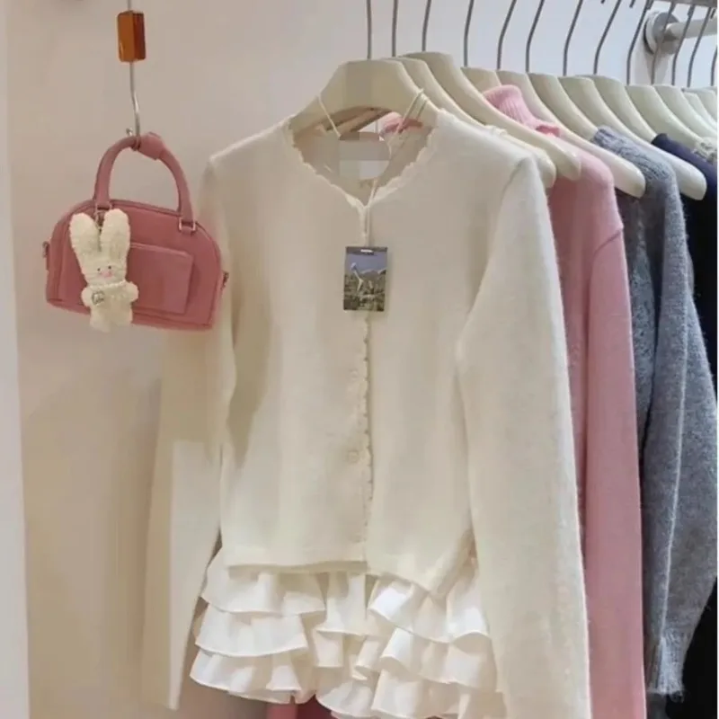 Women Soft Knit Cardigan Lace Trim V Neck Long Sleeve Loose Gentle Style Spring Sweater Tops