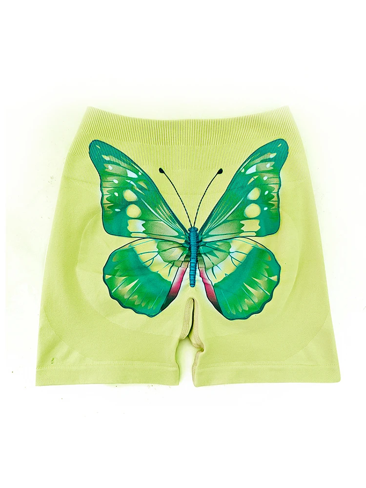 Summer Butterfly Print Women's Sports Shorts High Waist Fitness Knitted Bottoms Short Pants