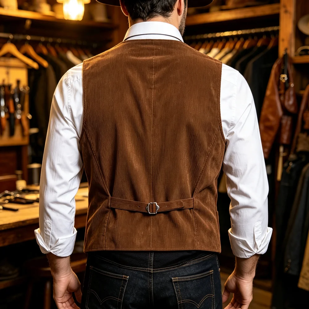 Men's Corduroy Vest Notched Lapel Vintage Western Cowboy Men's Waistcoat Sleeveless  Adjustable Back Buckle Men's Vest