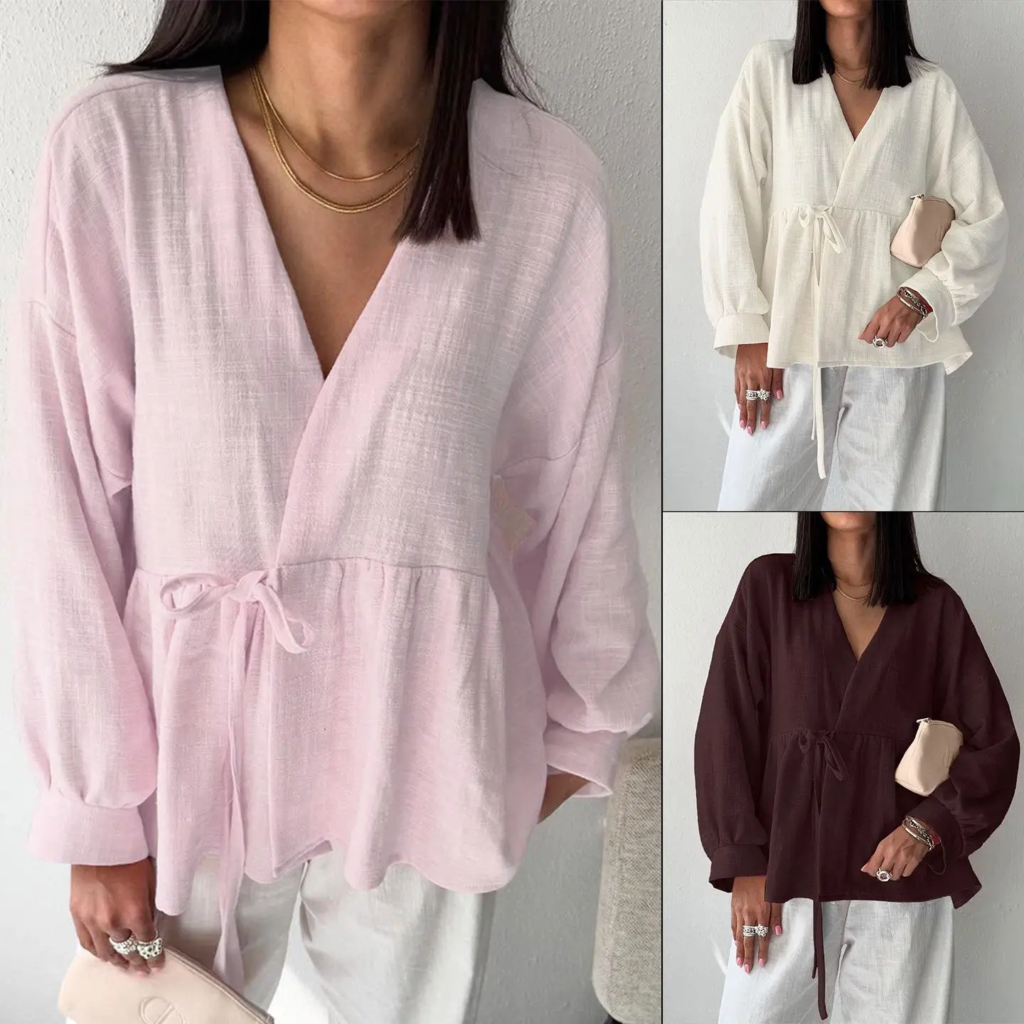 Women's Cotton Linen Long Pants Set V-ne Soft Comfortable New Faion Spring Autumn Casual Sle Pure Color irt