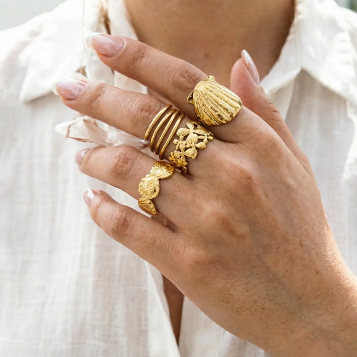 Edelstahlringe mit Muschel-, Krabben- und Blumenmotiven für Damen und Herren, Strand, Schmetterling, geometrischer Ring, Schmuck – Detail 6