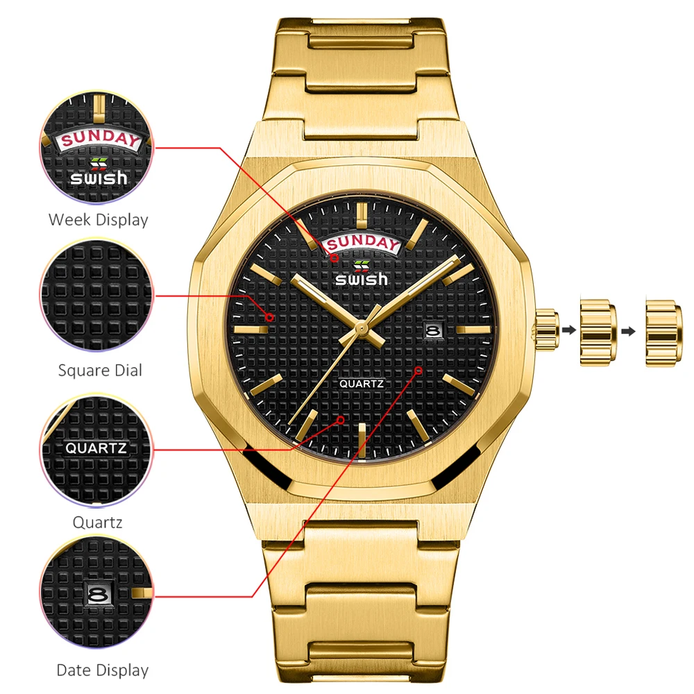 SWISH Luxury Yellow Gold Polygon Watch for Men Quartz Business Relogio Masculino Week Date Display Business Dress Clock 2023