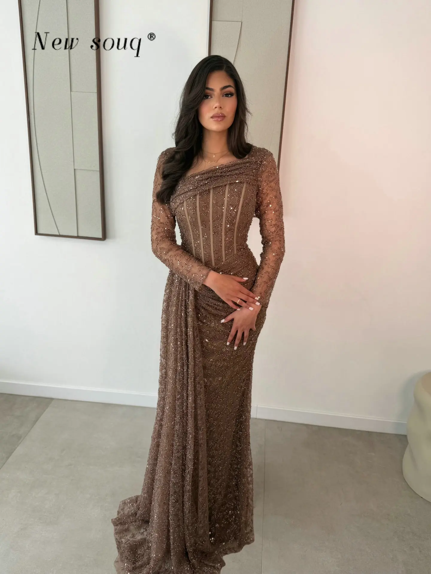 

Elegant Baby Blue Long Sleeves Mermaid Prom Dresses Arabic Corset Beaded Formal Wedding Reception Evening Party Gowns Customized