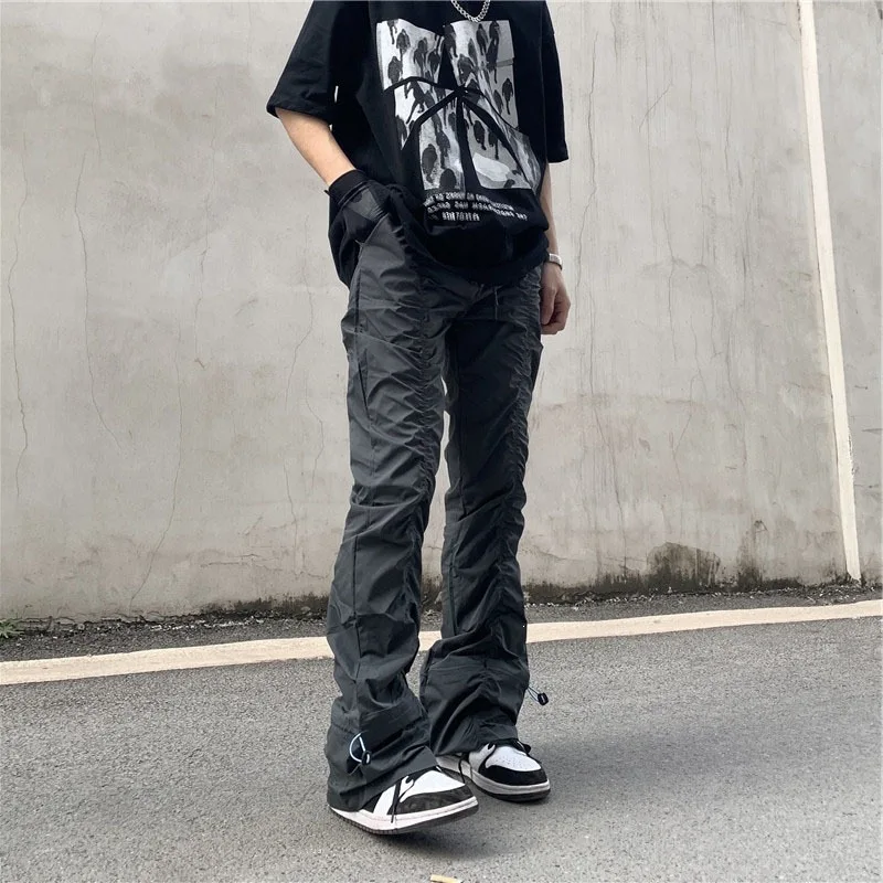 Unisex High Street Flared Trousers Pleated Design Drawstring Stacked Hem Streetwear Casual Fashion Pants