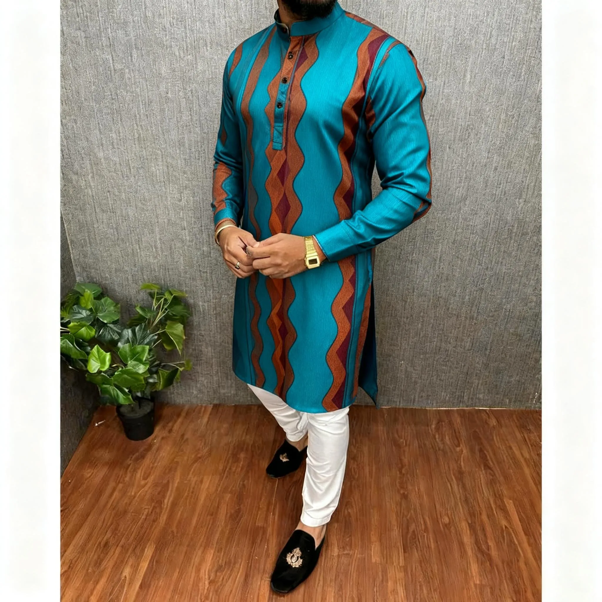 

2026 Summer Men'S Digital Printed Kurta Vardha Regular Fit Mandarin Collar All Occasions Arabe Hombre Ropa Marokkaanse Kaftan