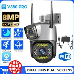 WiFi Camera 8MP 4K Dual Screen Monitor Smart Home Outdoor Waterproof PTZ CCTV Camera for V380 Pro app