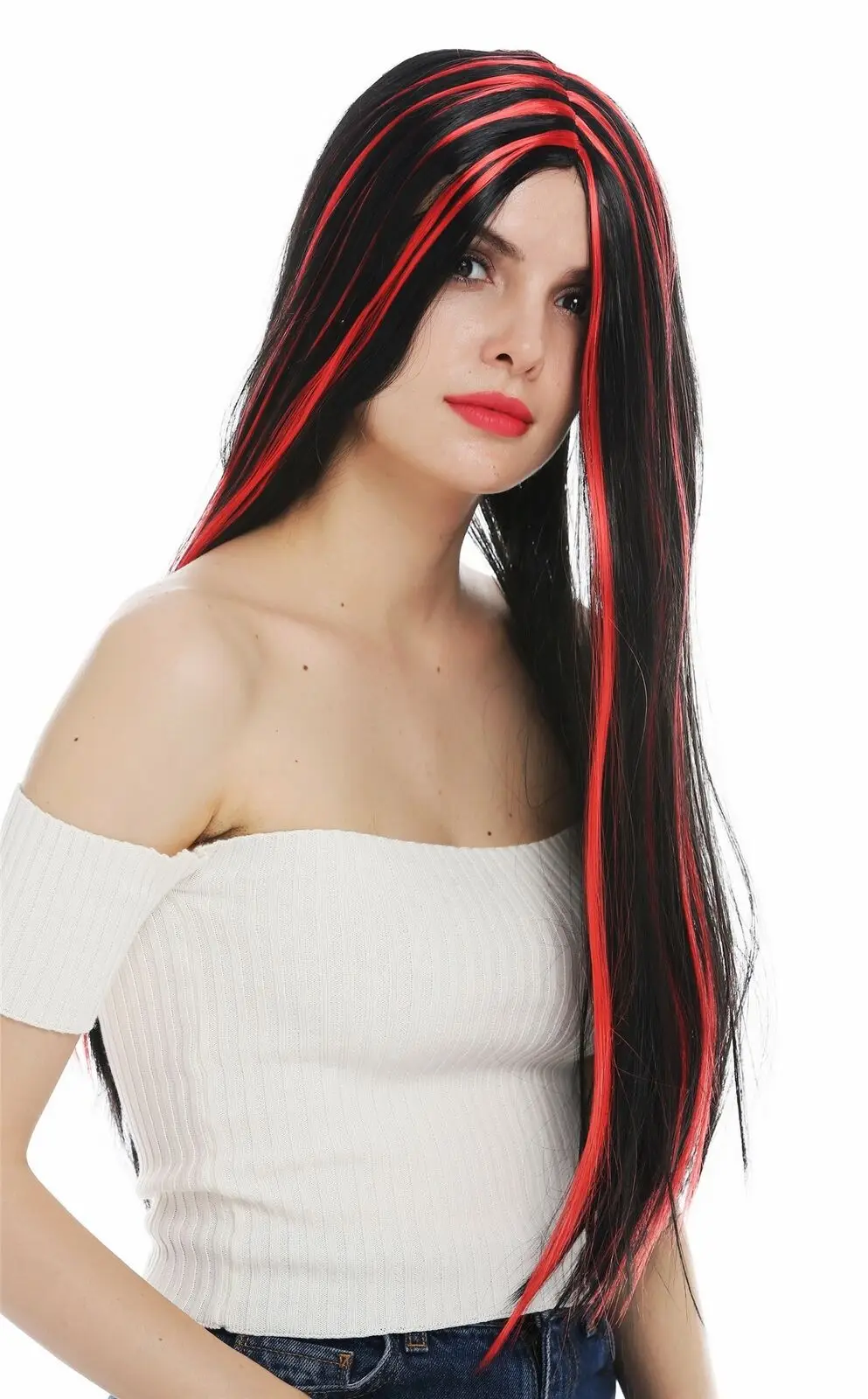 Wig Women's Halloween Carnival Long Smooth Black Red Streaked